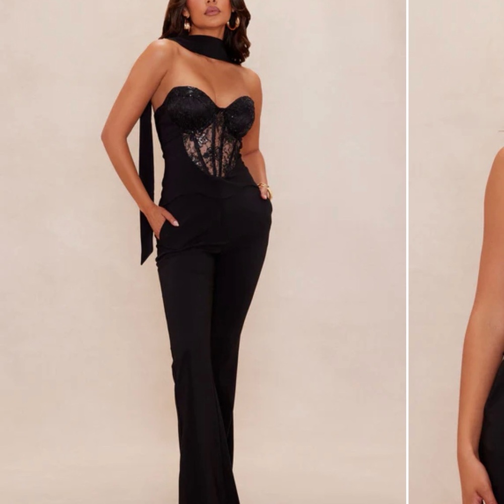 Strapless Black Lace Bustier Two Piece set with Scarf Detail